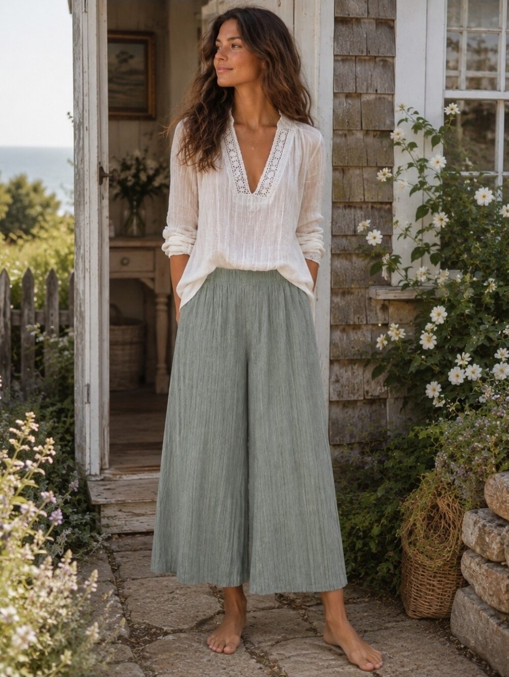 J.Jill Pleated Wide Leg Elastic Waist Cropped Pants in Sage Green Size XL